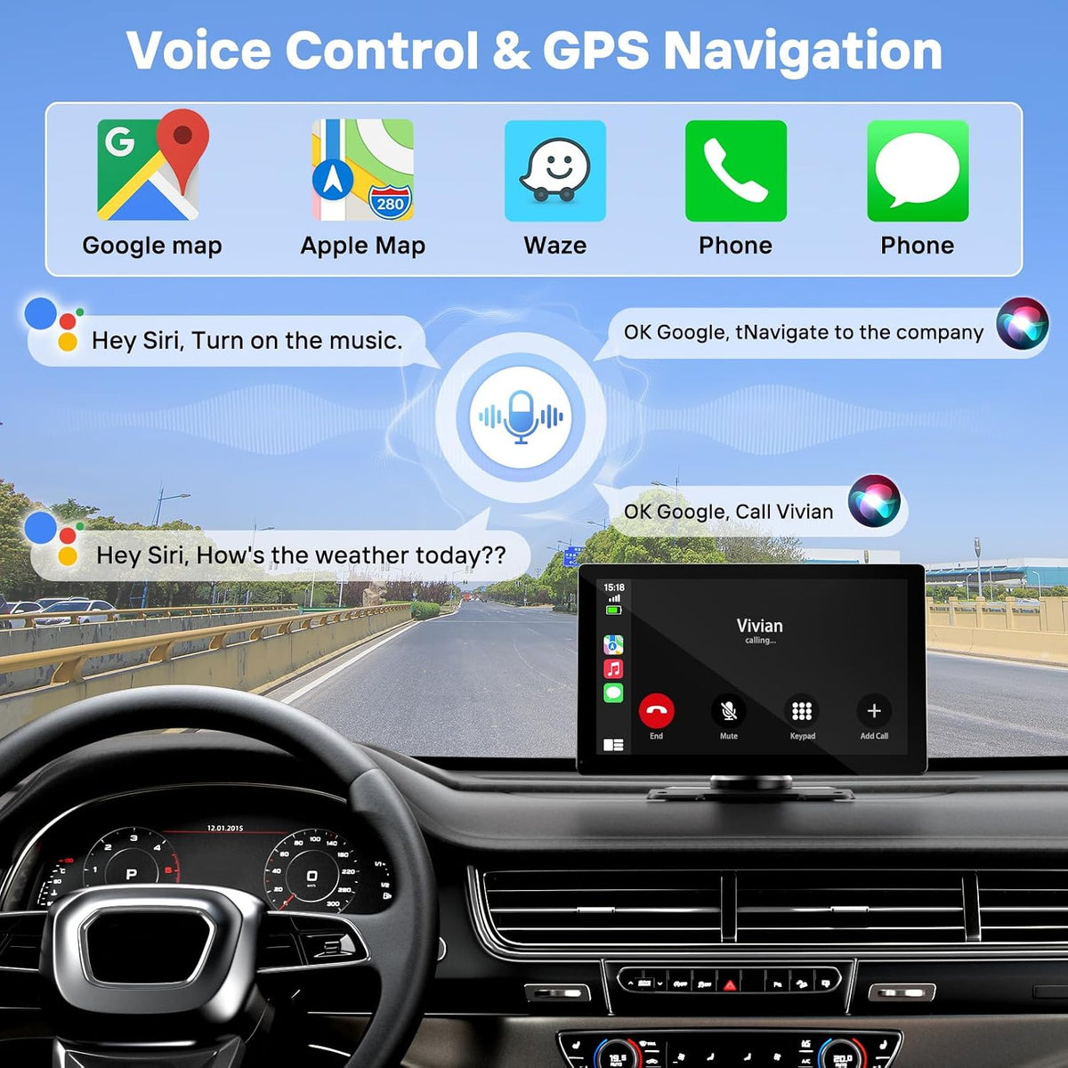 9 in Wireless CarPlay Screen, Portable Touchscreen w/ Android Auto & Camera