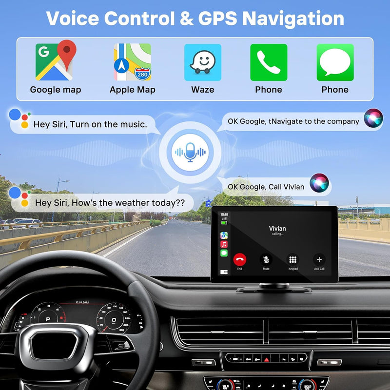 9 in Wireless CarPlay Screen, Portable Touchscreen w/ Android Auto & Camera