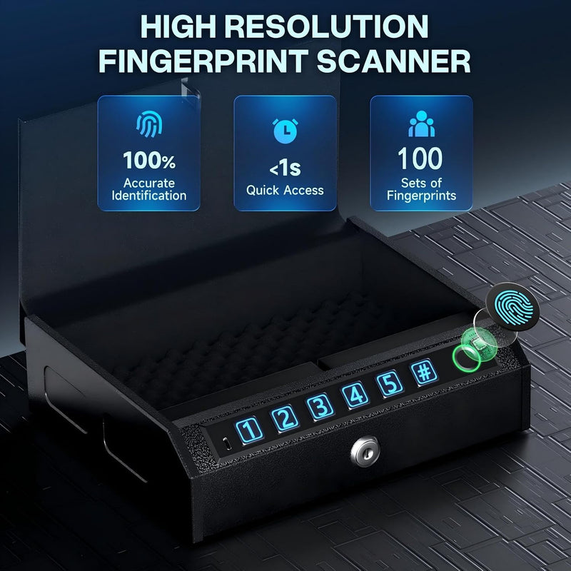 Biometric Handgun Safe, Quick Access Gun Safe w/ LED Light & Stealth Mode