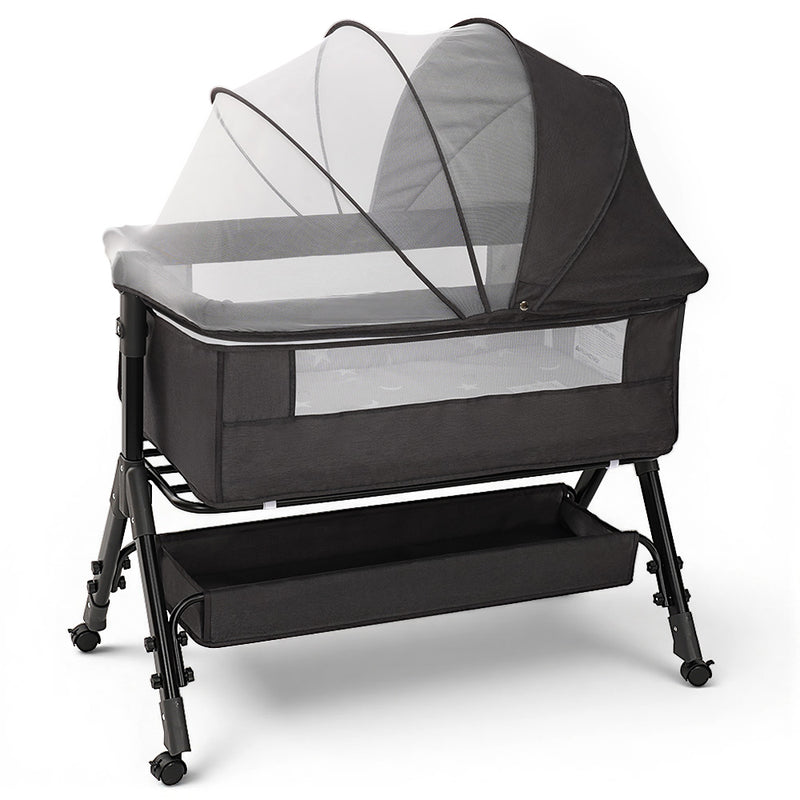3 in 1 Baby Bassinet Bedside Sleeper with Wheels, Mosquito Net, Foldable Crib, Dark Grey