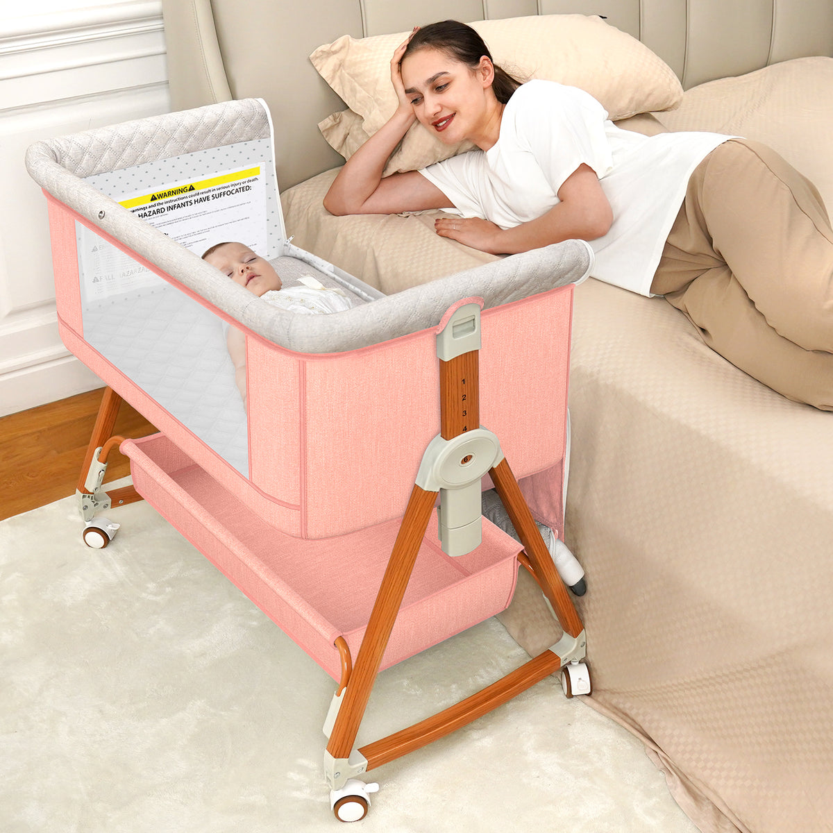 Baby Bassinet Bedside Sleeper, 6 Heights, Cradle Mode, Wheels, Foldable Crib with Mattress