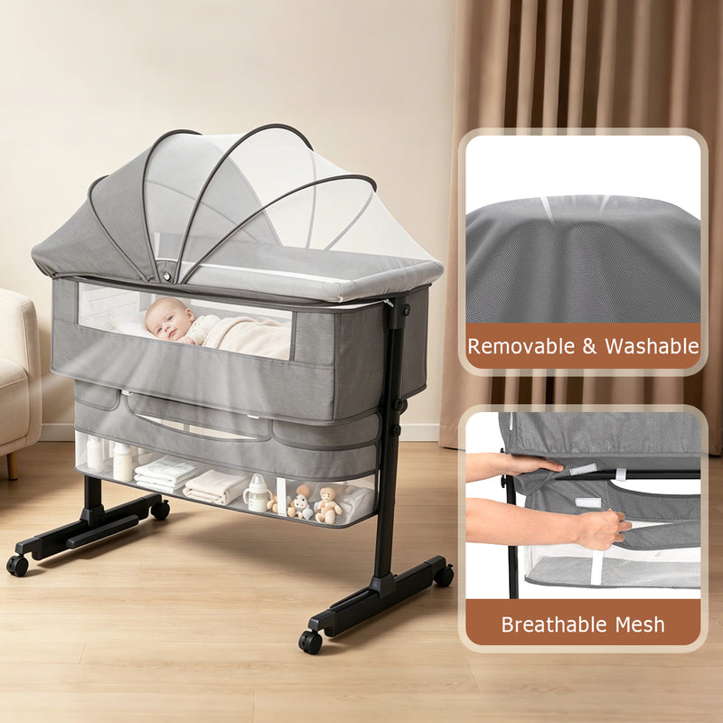 Kmaier Baby Bassinet 3 in 1 Foldable Portable Crib,6 Adjustable Height,with Wheels,Baby Bassinet Rocking-Dark Grey