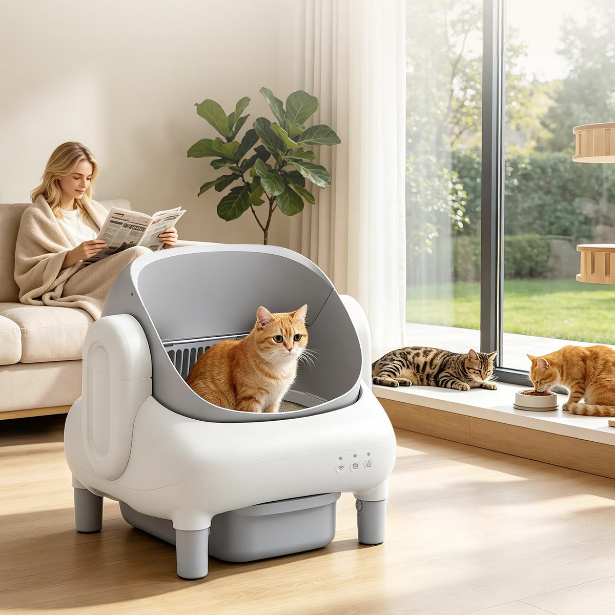 Automatic Litter Box,Open Top Self Cleaning Litter Box with App Control for Multiple Cats, Safety Sensors Protection, Odor Control Includes 2 roll Liners,Large Waste Bin, Cream White
