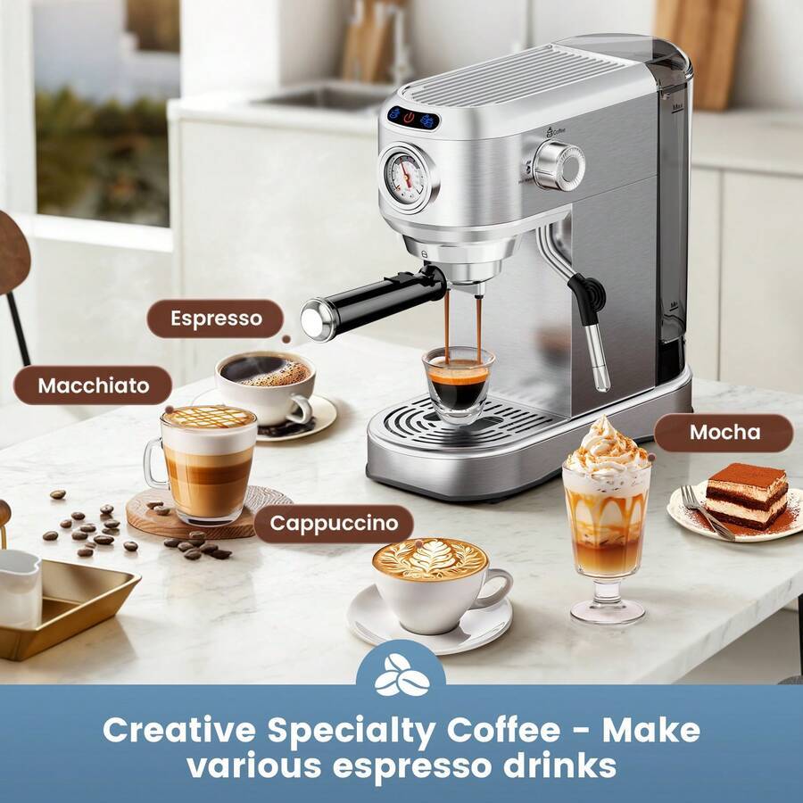 Espresso Machine 20 Bar, Compact Espresso Maker, Stainless Steel Expresso Coffee Machines with Steam Milk Frother & 34oz Removable Water Tank for Home Latte, Cappuccino, Silver