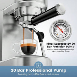 Espresso Machine 20 Bar, Compact Espresso Maker, Stainless Steel Expresso Coffee Machines with Steam Milk Frother & 34oz Removable Water Tank for Home Latte, Cappuccino, Silver