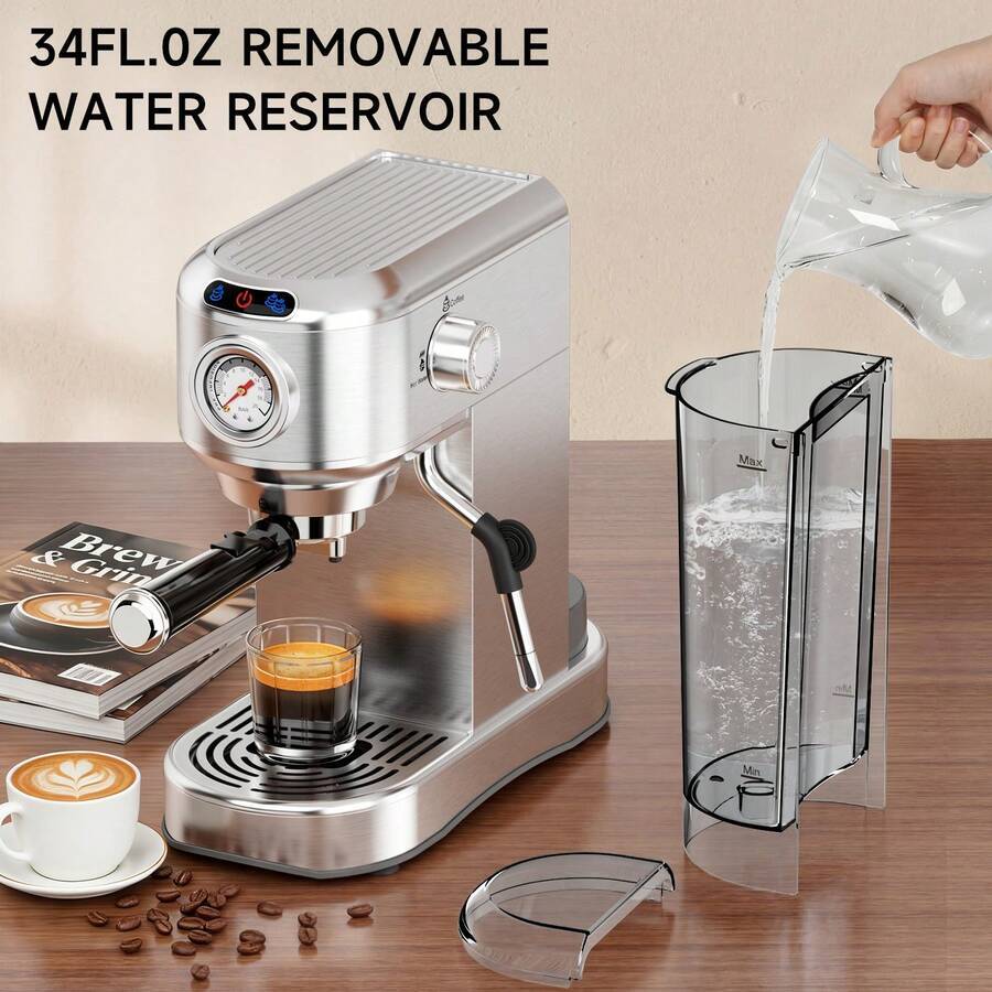 Espresso Machine 20 Bar, Compact Espresso Maker, Stainless Steel Expresso Coffee Machines with Steam Milk Frother & 34oz Removable Water Tank for Home Latte, Cappuccino, Silver