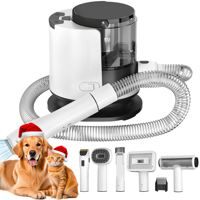 Pet Grooming Vacuum Kit with Grooming Brush, Deshedding Tool, Electric Clipper, Cleaning Brush and Flexible Hose for Dogs and Cats