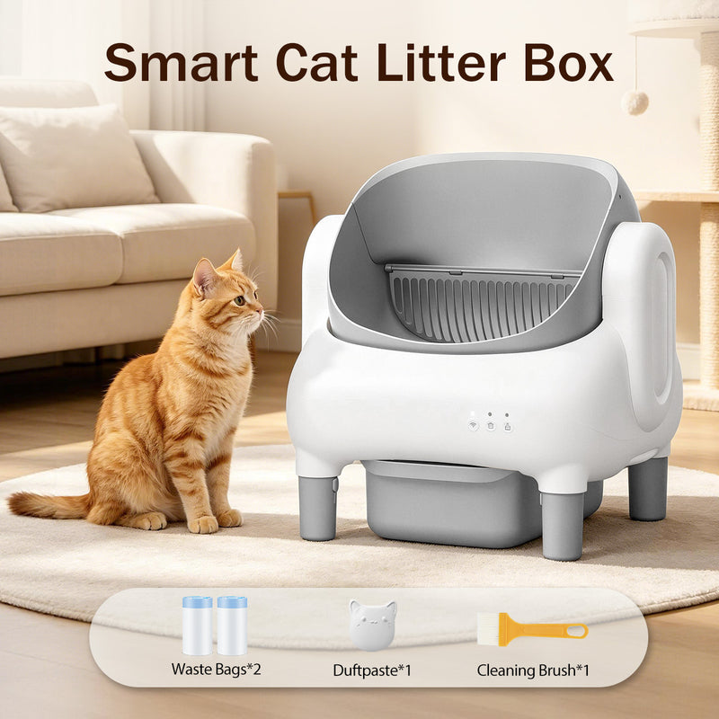 Automatic Litter Box,Open Top Self Cleaning Litter Box with App Control for Multiple Cats, Safety Sensors Protection, Odor Control Includes 2 roll Liners,Large Waste Bin, Cream White