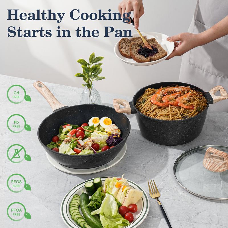 SODAY 12pcs Pots and Pans Set Non Stick Kitchen Cookware Sets Induction Cookware Nonstick Granite Cooking Set with Frying Pans, Saucepans