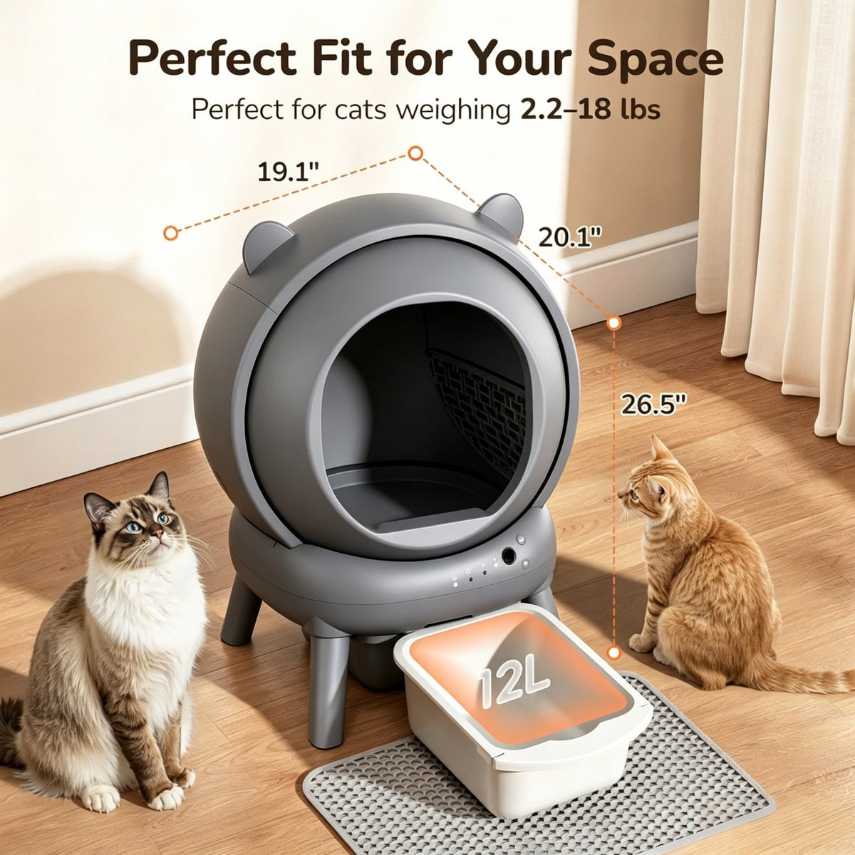 Cumrige Self Cleaning Automatic Cat Litter Box for Multiple Cats with Smart App Control, Safety Sensors, Odor Control & Quiet Operation - Gray