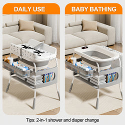 2-in-1 Baby Changing Table & Bath Tub Foldable with Storage Wheels Smart Temp Display Safety Belt Multifunctional Newborn Changing Table