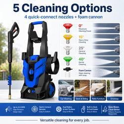 Portable Electric Pressure Washer with 4 Quick-Connect Nozzles, Foam Cannon, Hose & Wheels
