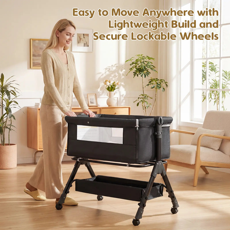 3 in 1 Baby Bassinet Bedside Sleeper with Wheels, Mosquito Net, Foldable Crib, Dark Grey