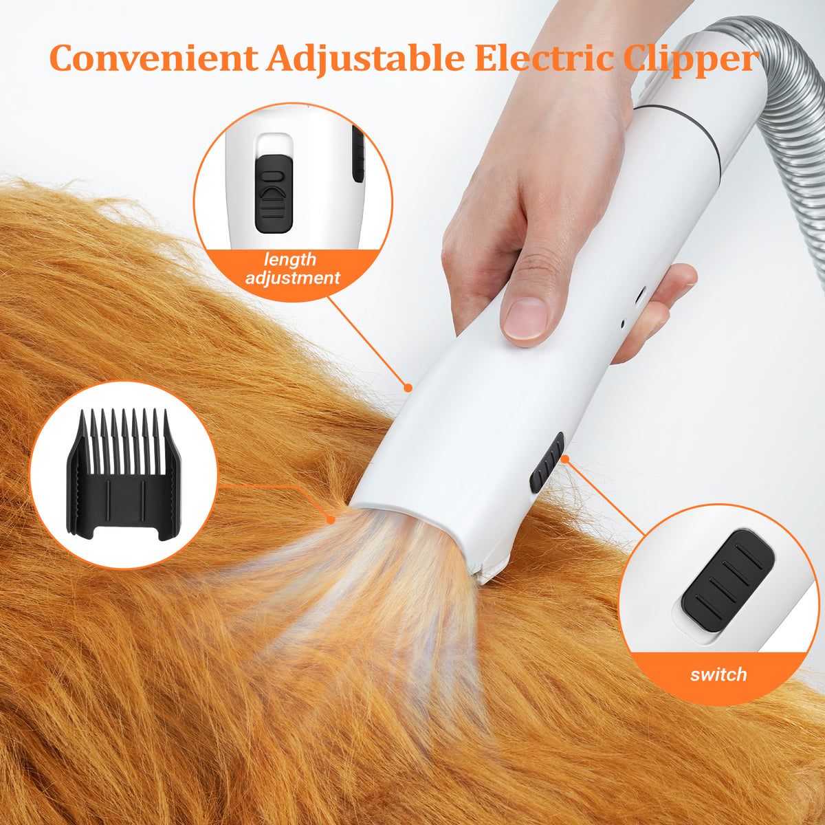 Pet Grooming Vacuum Kit with Grooming Brush, Deshedding Tool, Electric Clipper, Cleaning Brush and Flexible Hose for Dogs and Cats