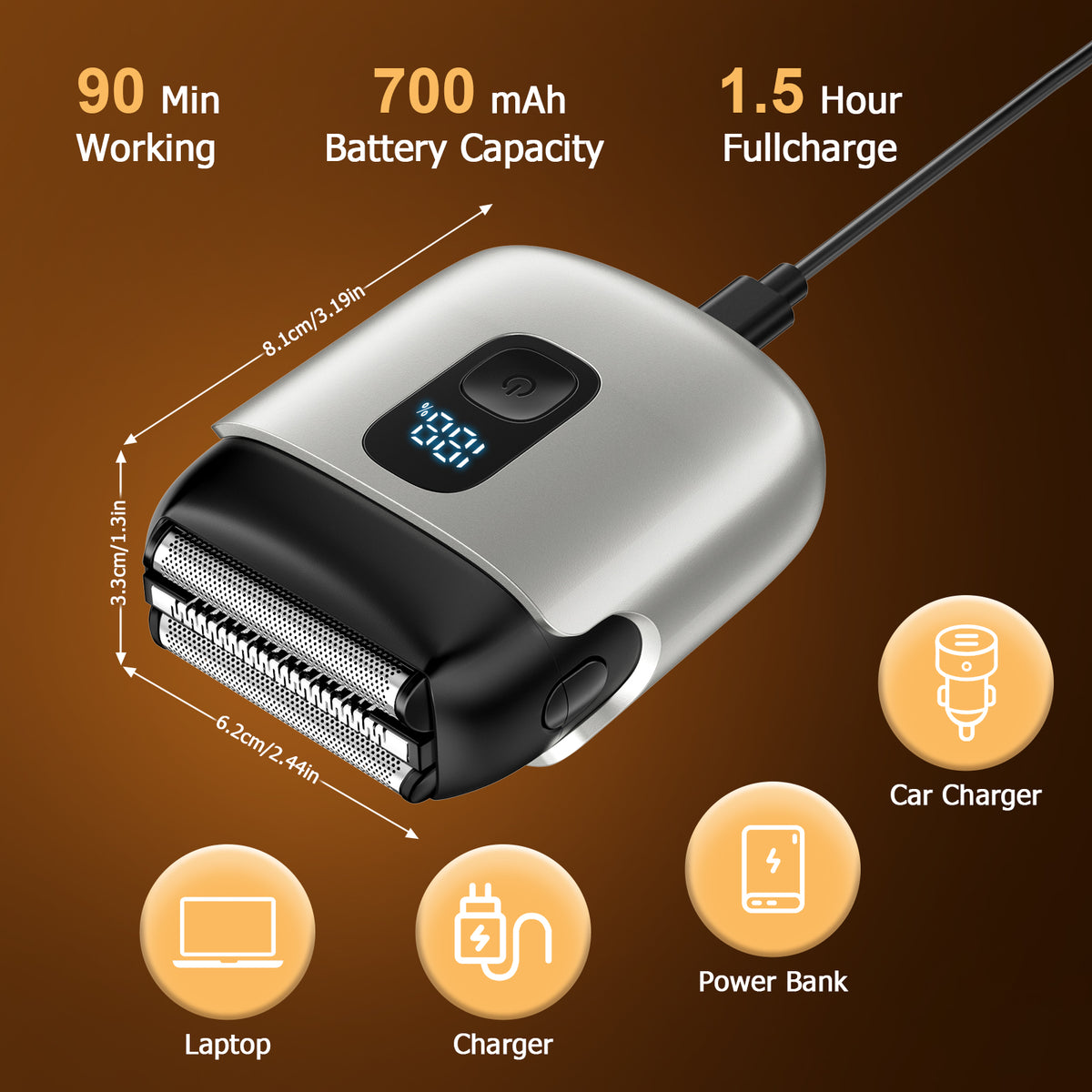 Mini Electric Foil Shaver with LED Display, Wet/Dry IPX7 Waterproof, USB-C Rechargeable - Black