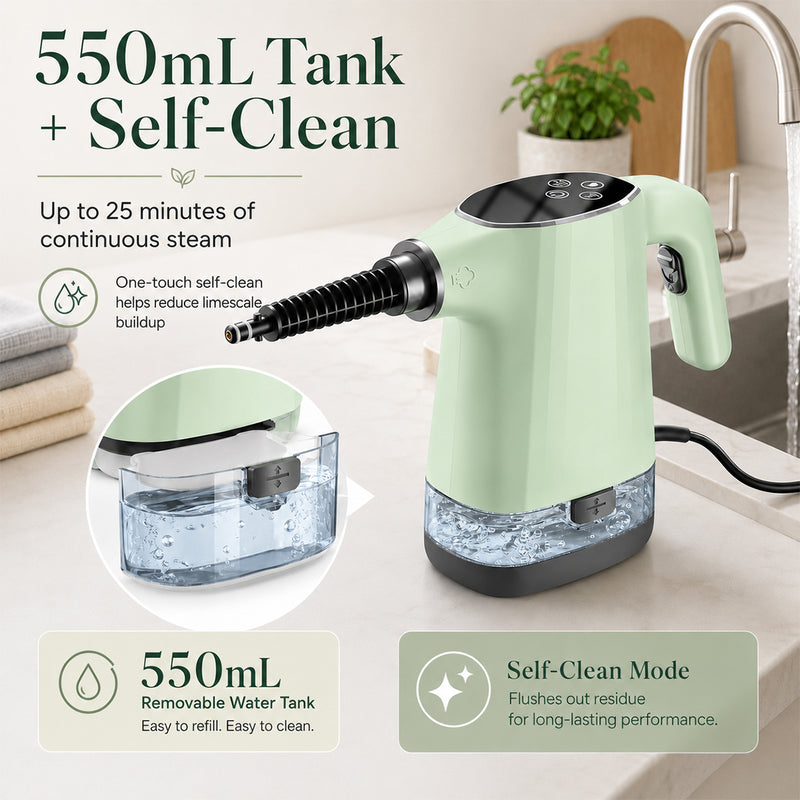 Handheld Steam Cleaner, Portable Steamer for Cleaning with 18PCS Accessories, 12s Fast Heating, Pressurized Steam Cleaner for Home, Kitchen, Bathroom, Car Detailing, Window, and Clothes, Green