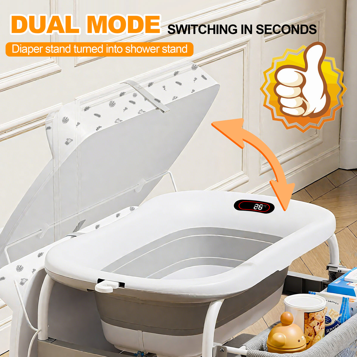 2-in-1 Baby Changing Table & Bath Tub Foldable with Storage Wheels Smart Temp Display Safety Belt Multifunctional Newborn Changing Table