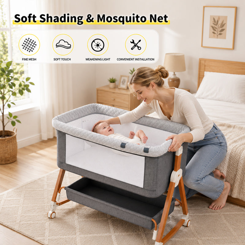 Baby Bassinet, 3 in 1 Bedside Bassinets for Baby, Bassinet Bedside Sleeper with Wheels, Adjustable Height with Rocking Mode, Breathable Mesh, Storage Basket, Easy Assemble & Folding