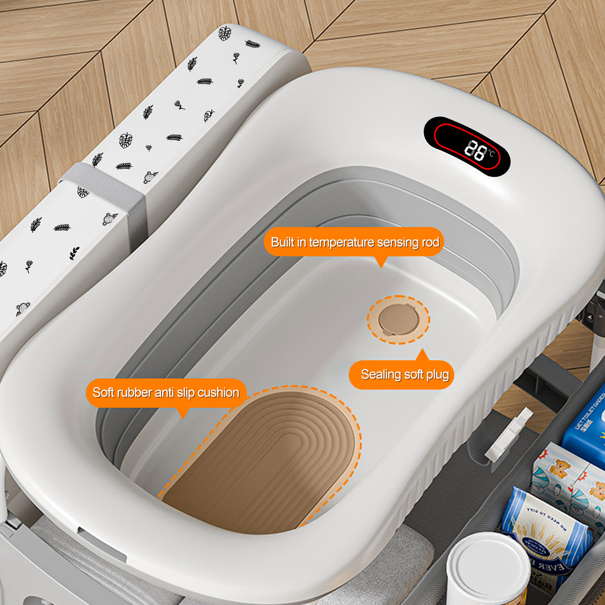 2-in-1 Baby Changing Table & Bath Tub Foldable with Storage Wheels Smart Temp Display Safety Belt Multifunctional Newborn Changing Table