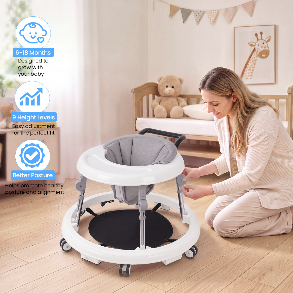 Baby Walker Foldable with 9 Adjustable Heights, Baby Walkers and Activity Center for Girls Boys Babies 7-18 Months, Baby Walker with Wheels Portable Anti-Rollover