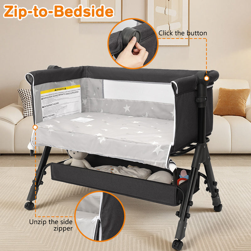 Baby Bassinet Sleeper, Adjustable Baby Crib for Baby, Rocking Bassinets Bedside Sleeper, Easy to Fold Portable Crib Side Bassinet with Breathable Mesh and Wheels