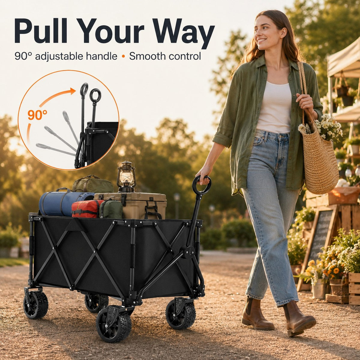 Heavy Duty Wagons Carts Foldable, Collapsible Wagon with Big Wheels for Sand & Cup Holders for Camping Garden Sports Grocery