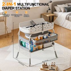 2-in-1 Baby Changing Table & Bath Tub Foldable with Storage Wheels Smart Temp Display Safety Belt Multifunctional Newborn Changing Table