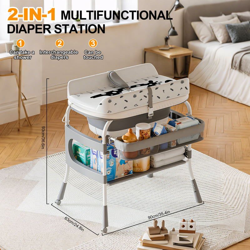 2-in-1 Baby Changing Table & Bath Tub Foldable with Storage Wheels Smart Temp Display Safety Belt Multifunctional Newborn Changing Table