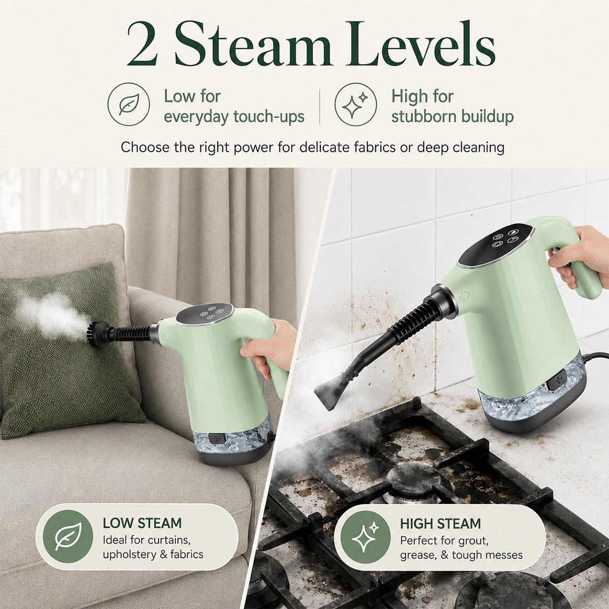 Handheld Steam Cleaner, Portable Steamer for Cleaning with 18PCS Accessories, 12s Fast Heating, Pressurized Steam Cleaner for Home, Kitchen, Bathroom, Car Detailing, Window, and Clothes, Green
