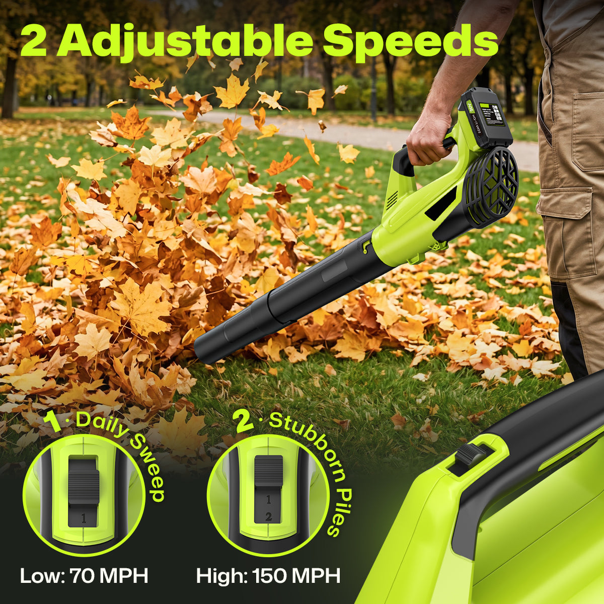 Cordless Leaf Blower, 20V Leaf Blower with 2 x 2.0Ah Batteries & Charger, Up to 450CFM/150MPH, 2 Variable Speed, Lightweight for Blowing Leaves, Patio Cleaning, Lawn Care and Dust (Green)