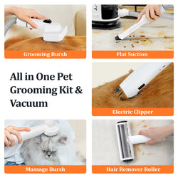 Pet Grooming Vacuum Kit with Grooming Brush, Deshedding Tool, Electric Clipper, Cleaning Brush and Flexible Hose for Dogs and Cats