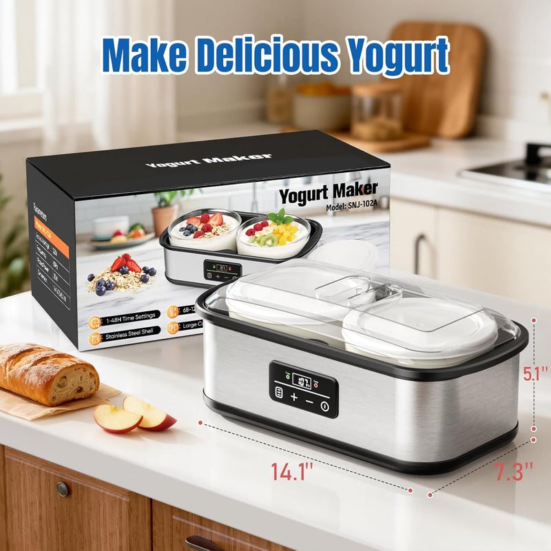 Yogurt Maker with Two Containers, Yogurt Maker Machine with Adjustable Temperature & Time Control, Automatic Shut-Off & Constant Temper for Homemade Probiotic Yogurt, Promoting Gut Health