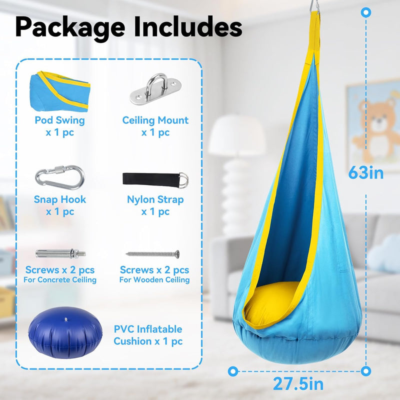 Kids Pod Swing Chair with Inflatable Cushion, Storage Pocket & Hanging Hardware