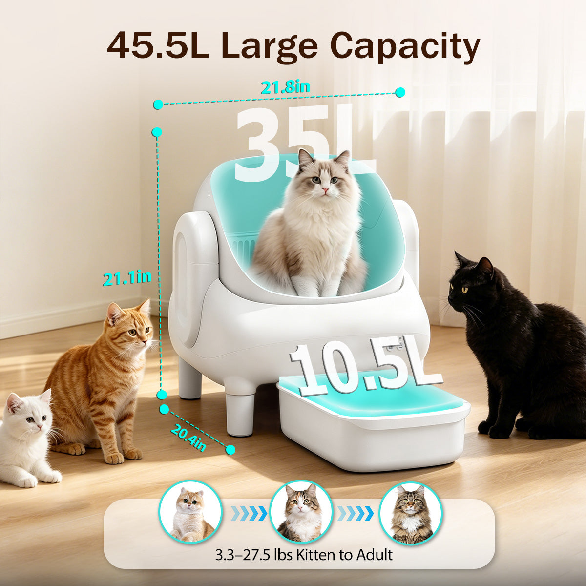 Cumrige E Self Cleaning Litter Box,Large Capacity Automatic Cat Litter Box Self Cleaning for Multiple Cats with App Control and Safety Protection,2 Roll Litter Bags,White
