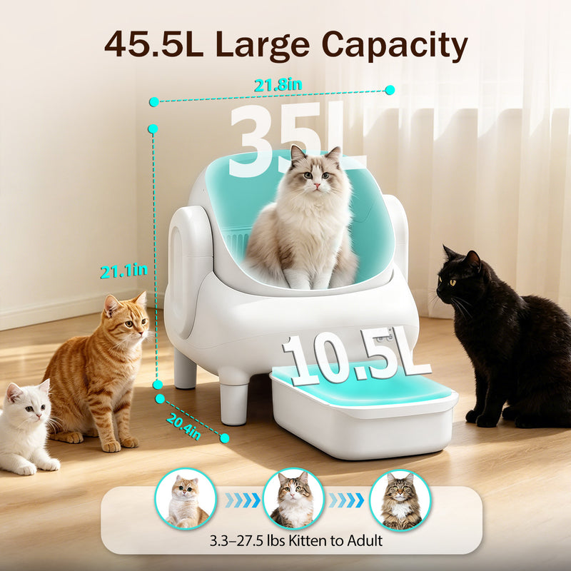 Cumrige E Self Cleaning Litter Box,Large Capacity Automatic Cat Litter Box Self Cleaning for Multiple Cats with App Control and Safety Protection,2 Roll Litter Bags,White