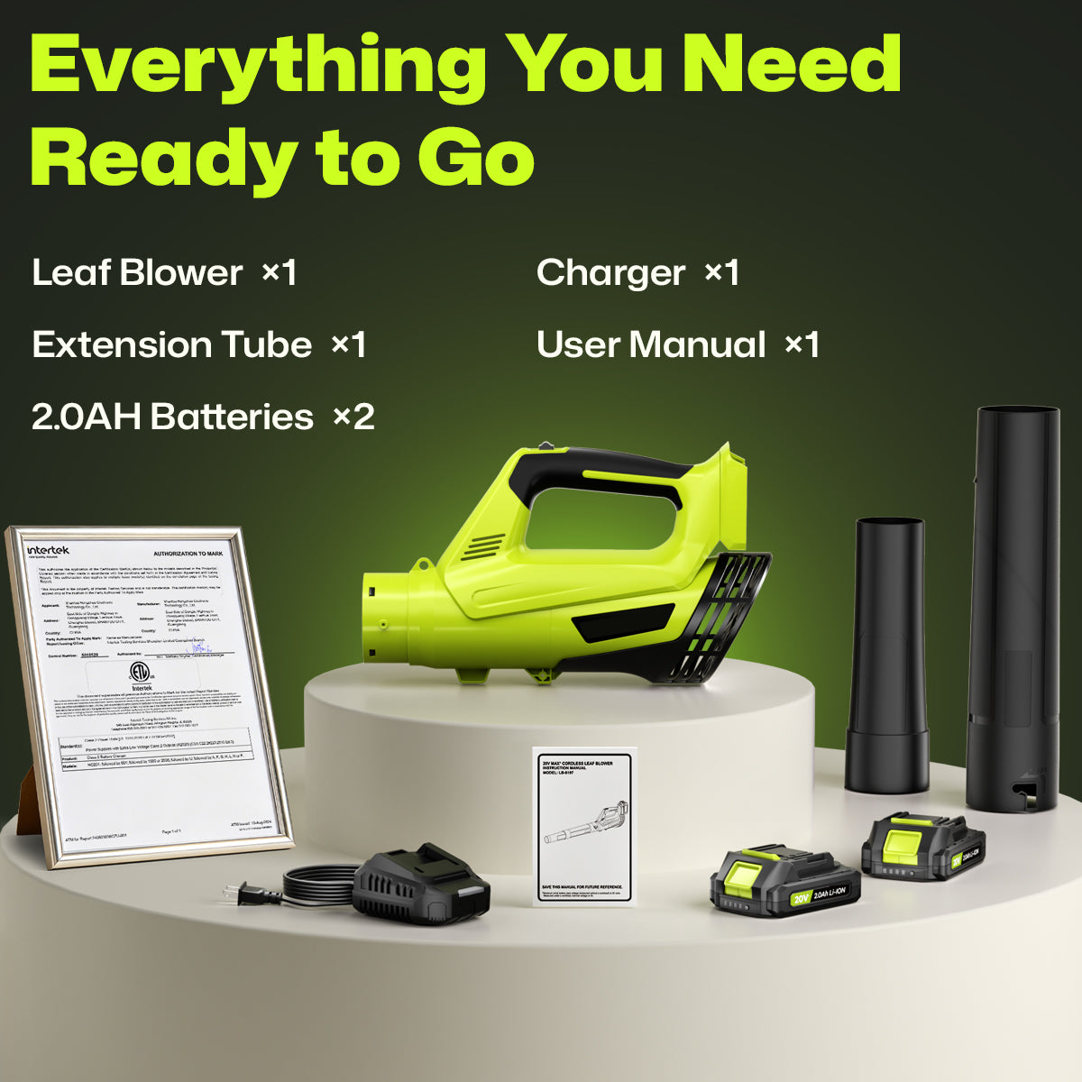 Cordless Leaf Blower, 20V Leaf Blower with 2 x 2.0Ah Batteries & Charger, Up to 450CFM/150MPH, 2 Variable Speed, Lightweight for Blowing Leaves, Patio Cleaning, Lawn Care and Dust (Green)