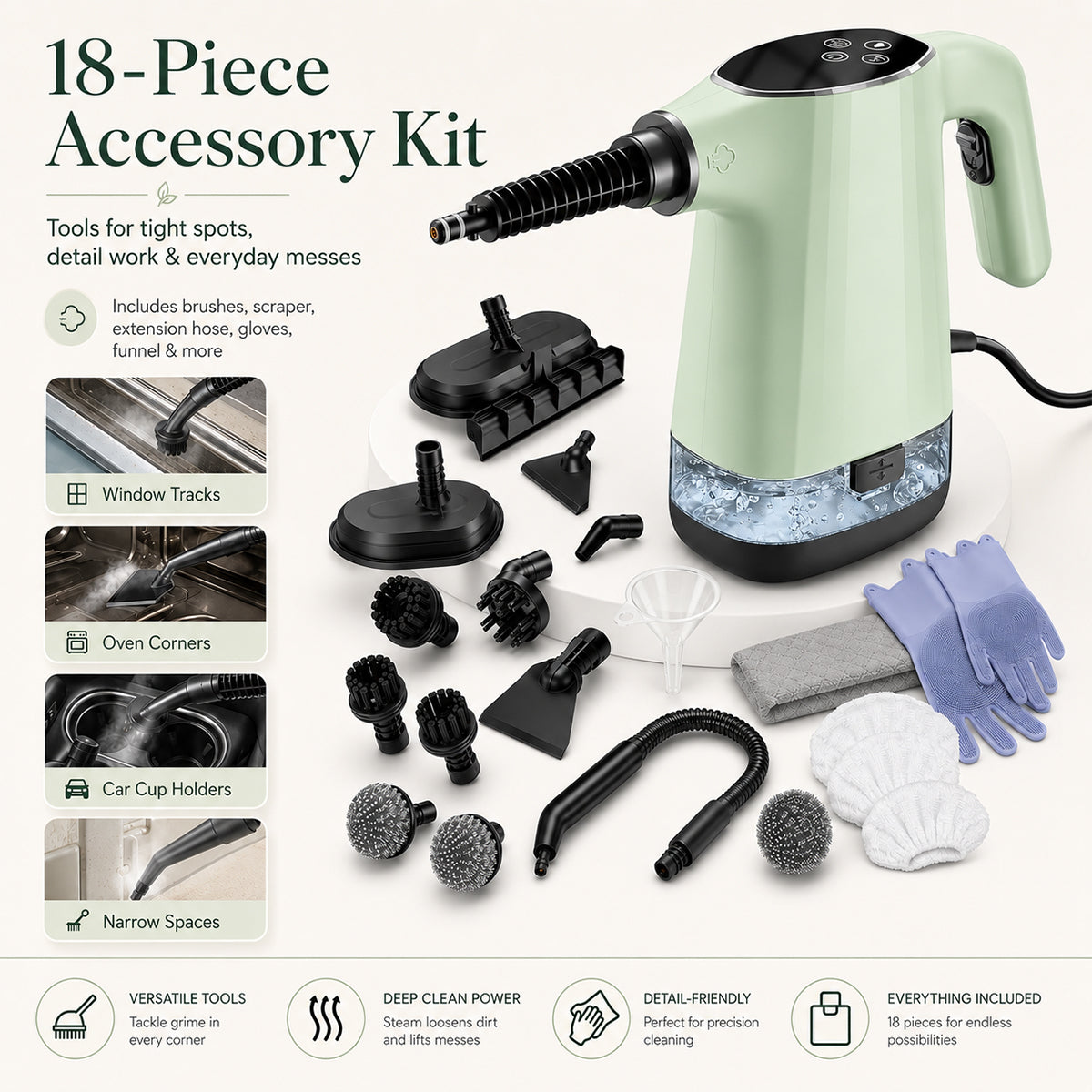 Handheld Steam Cleaner, Portable Steamer for Cleaning with 18PCS Accessories, 12s Fast Heating, Pressurized Steam Cleaner for Home, Kitchen, Bathroom, Car Detailing, Window, and Clothes, Green