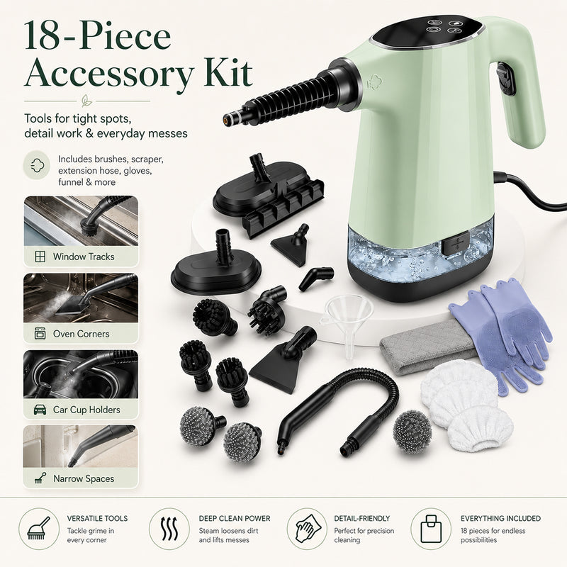Handheld Steam Cleaner, Portable Steamer for Cleaning with 18PCS Accessories, 12s Fast Heating, Pressurized Steam Cleaner for Home, Kitchen, Bathroom, Car Detailing, Window, and Clothes, Green