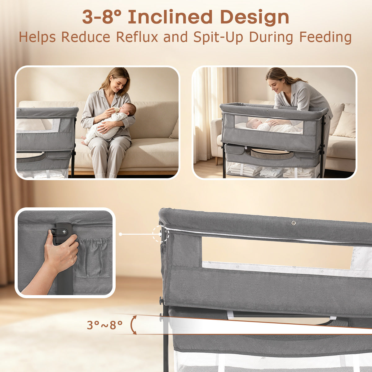 Kmaier Baby Bassinet 3 in 1 Foldable Portable Crib,6 Adjustable Height,with Wheels,Baby Bassinet Rocking-Dark Grey