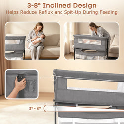 Kmaier Baby Bassinet 3 in 1 Foldable Portable Crib,6 Adjustable Height,with Wheels,Baby Bassinet Rocking-Dark Grey