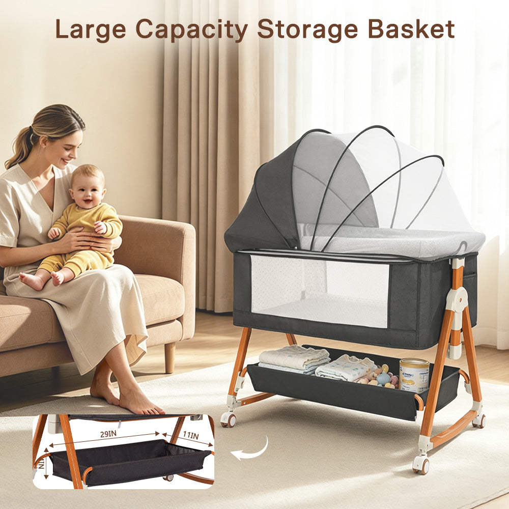 Baby Bassinet, Crib for Infant and Newborn, Bedside Sleeper with Storage Basket and Mosquito Net, Easy to Fold, Height Adjustable, Portable Side Bed Crib