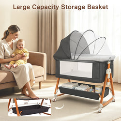 Baby Bassinet, Crib for Infant and Newborn, Bedside Sleeper with Storage Basket and Mosquito Net, Easy to Fold, Height Adjustable, Portable Side Bed Crib