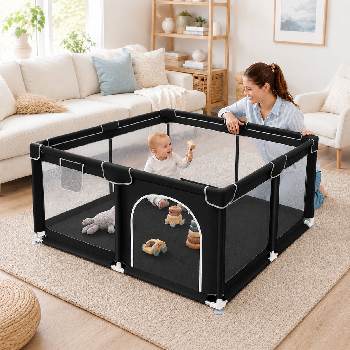 Soft-Padded Baby Playpen With Mat, Sturdy And Safe Playpen With Soft, Breathable Mesh Fabric, Suitable For Indoor And Outdoor Use, Portable And Removable Baby Playpen, Suitable For Infants And Toddlers, Essential For Babies.