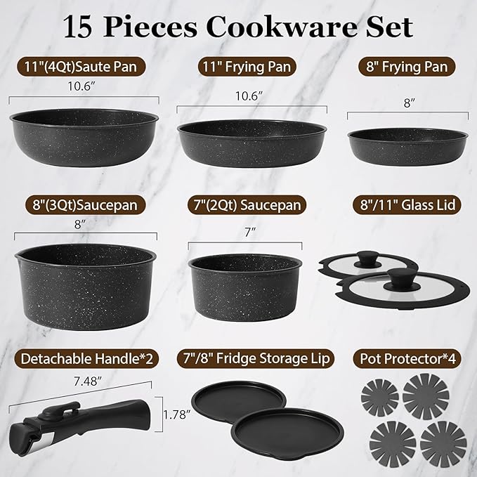 15 Pcs Pots and Pans Set Non Stick, Cookware Sets with Detachable Handle, Nonstick RV Kitchen Cooking Tools Removable Handles, Oven Safe, Induction Fast, Stackable Induction Cookware, White
