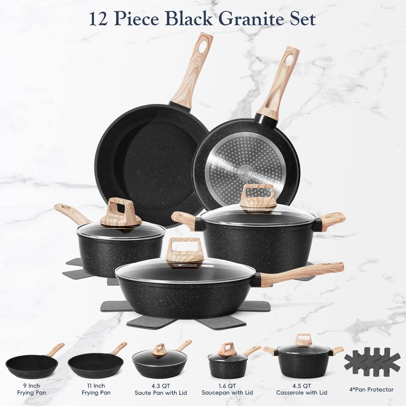 SODAY 12pcs Pots and Pans Set Non Stick Kitchen Cookware Sets Induction Cookware Nonstick Granite Cooking Set with Frying Pans, Saucepans