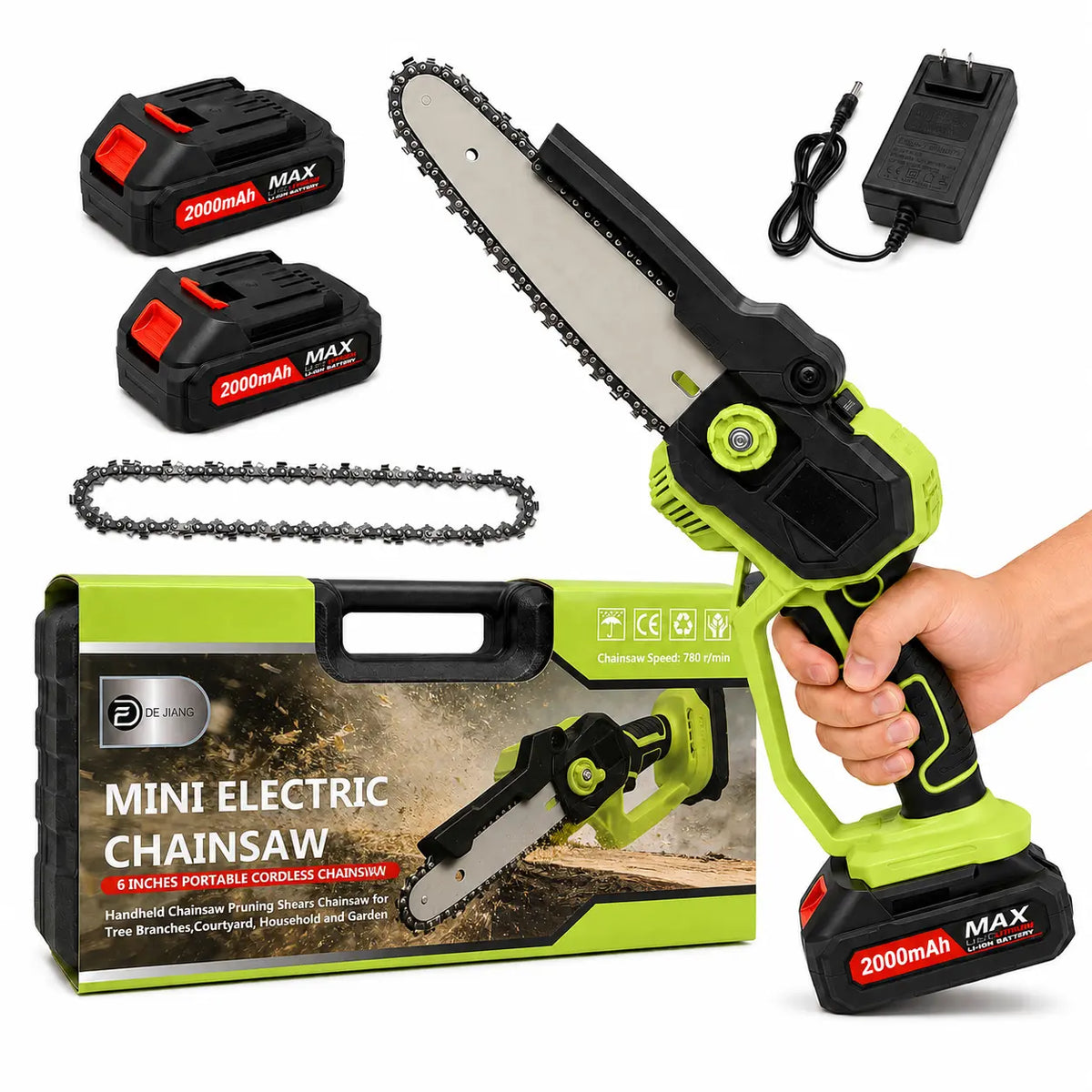 Cordless Mini Chainsaw Pruning Saw with 2 Batteries, Charger, Case and Extra Chain