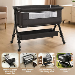 3 in 1 Baby Bassinet Bedside Sleeper with Wheels, Mosquito Net, Foldable Crib, Dark Grey
