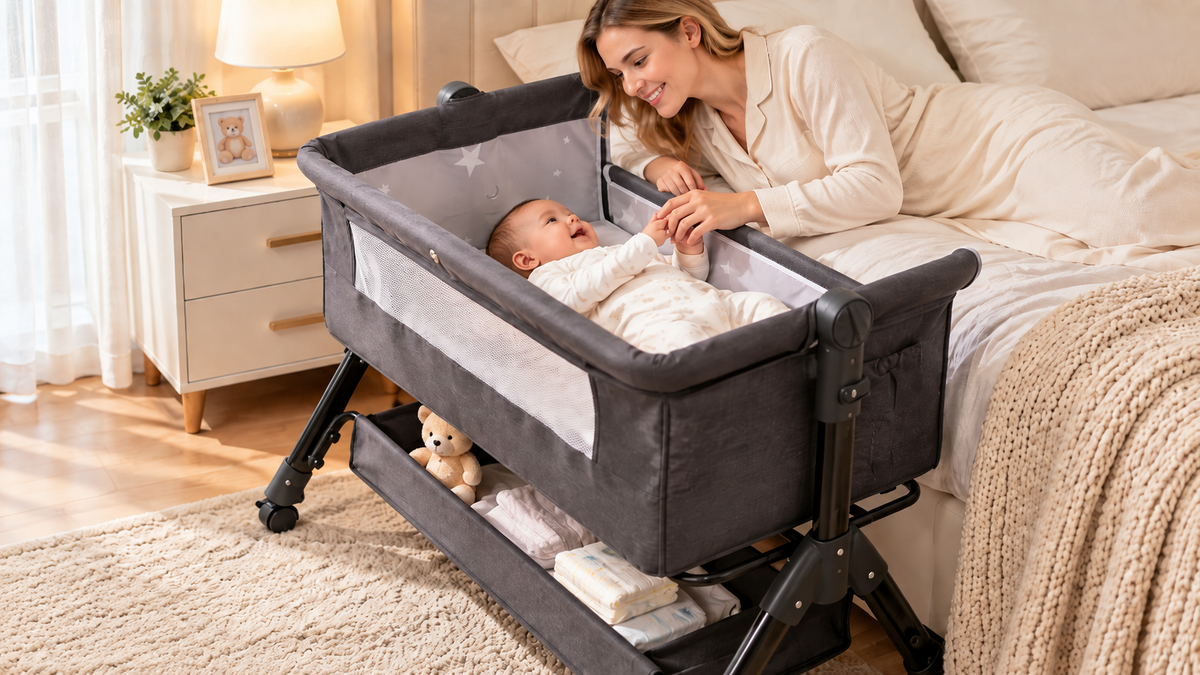 Mother holding baby's hands beside a gray bedside bassinet